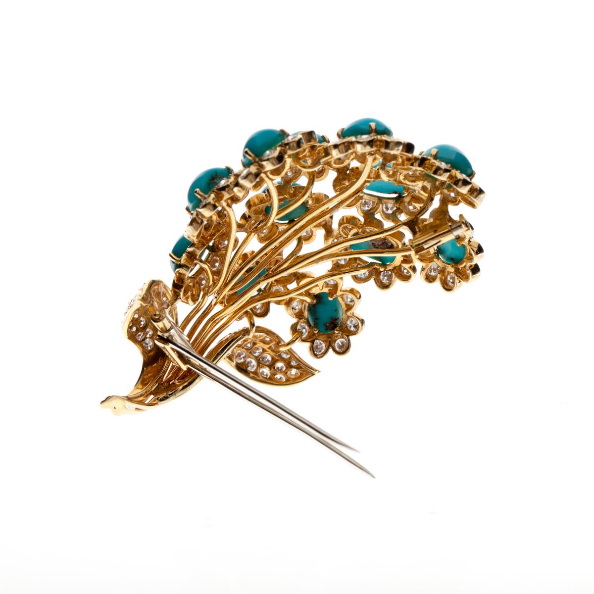 Estate David Webb 18K Gold Turquoise and Diamond Brooch