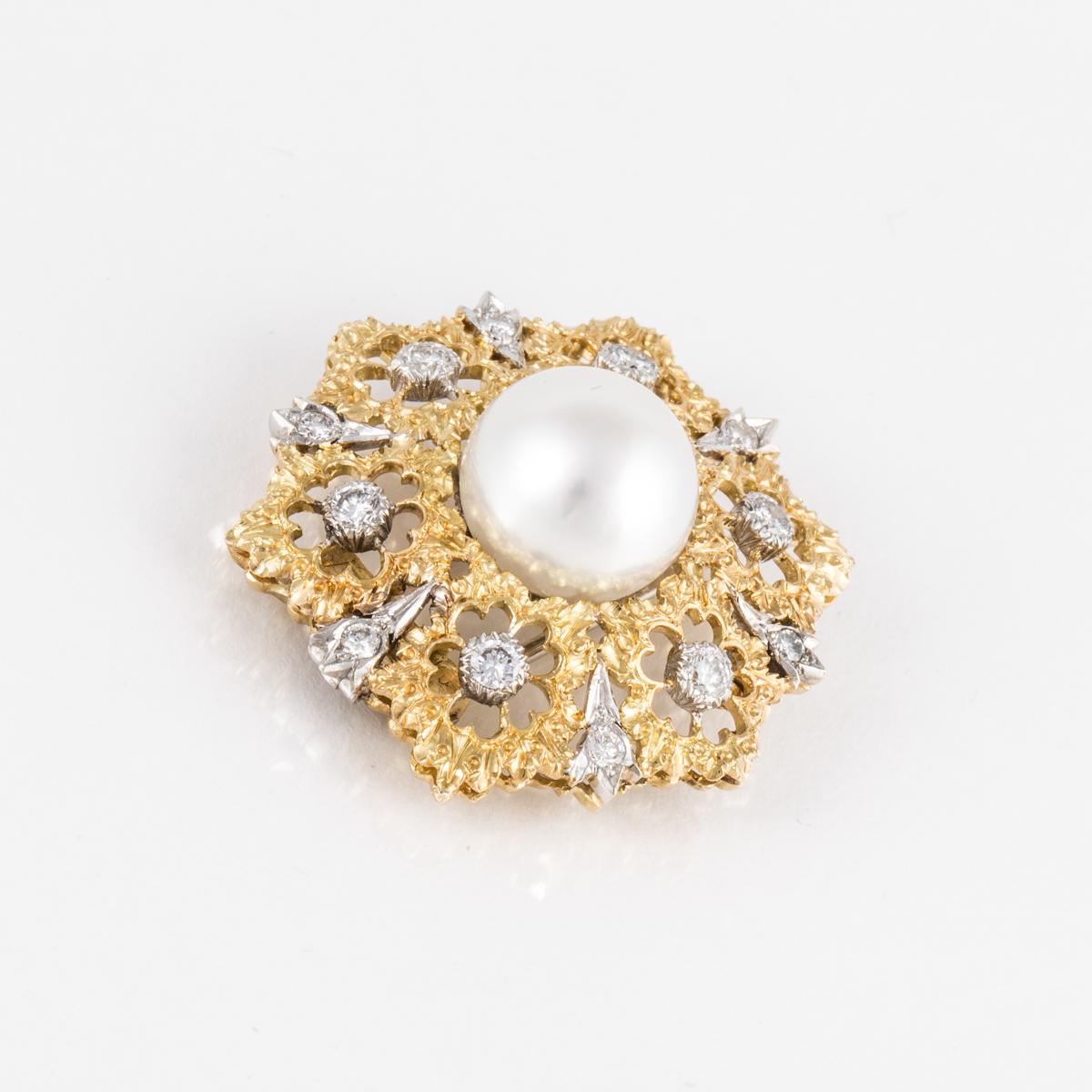 Estate Buccellati 18K Gold Diamond and Cultured Pearl Brooch