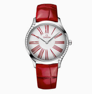 Omega Stainless Steel Red and White Trésor Watch with Diamonds