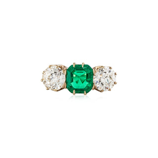 Victorian 18K Gold Emerald Three-Stone Ring with Diamonds