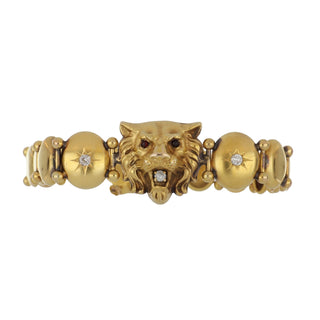 Victorian Signed 18K Gold Gemset Lion's Head Link Bracelet