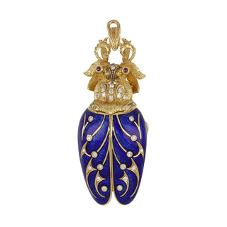 Retro 18K Gold Blue Enamel Beetle Pendant with Diamonds and Rubies