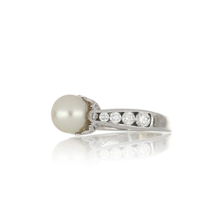 Vintage/Estate 18K White Gold Akoya Pearl Cocktail Ring with Diamonds