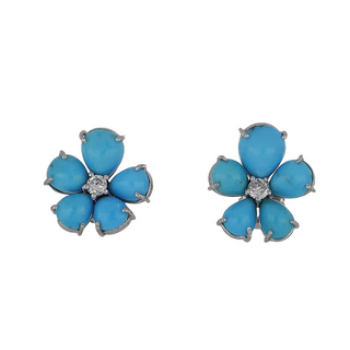 18K White Gold Turquoises Stud Earrings with Diamonds