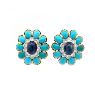 18K Gold Sapphires Clip Earrings with Turquoises