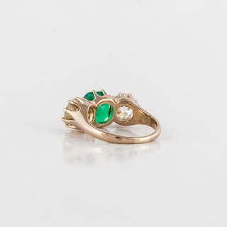 Victorian 18K Gold Emerald Three-Stone Ring with Diamonds