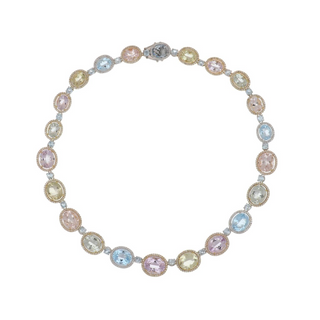 Signed Tri-Color 18K Gold Diamonds Link Necklace with Morganite