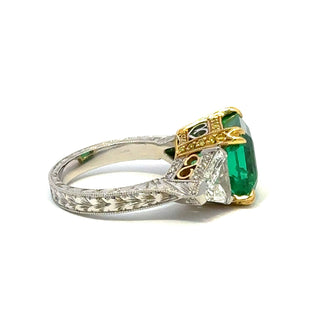 Vintage/Estate Two-Tone G&PT Emerald 3 Stone Ring with Diamonds