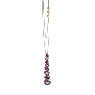 Signed 18K Rose Gold Rhodolite Garnet Pendant Necklace with Amethyst