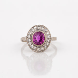 White 14K Gold Ruby Cluster/Halo Ring with Diamonds