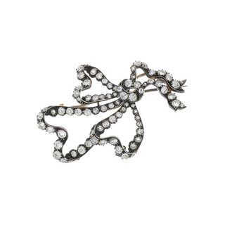 Georgian Silver-Topped 14K Gold Diamond Heart Ribbon Brooch