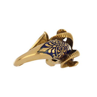 Vintage 1970s 18K Gold Ram's Head Wrap Ring with Enamel