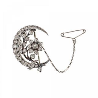 Victorian Silver-Topped Gold Diamond Crescent Moon Pin