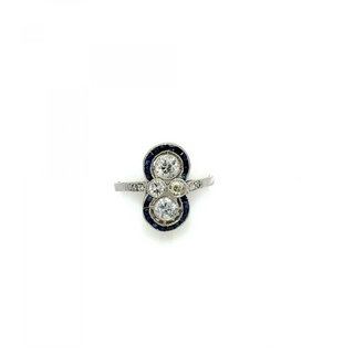 Art Deco Platinum Diamond Twin-Stone Ring with Sapphire Frame