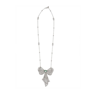 Edwardian Platinum Emerald & Diamond Bow Pin / Pendant Necklace