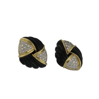 Vintage/Estate 18K Gold Onyxes Clip Earrings with Diamonds