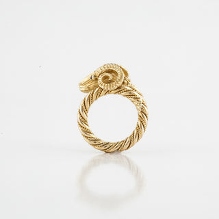 Vintage 1990s 18K Gold Ram's Head Ring with Rubies