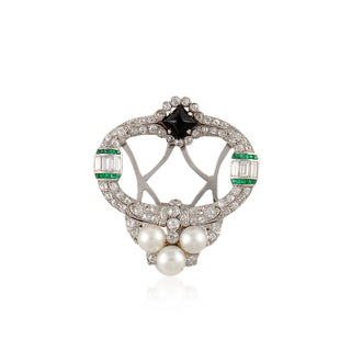 Platinum Diamond Brooch with Emeralds