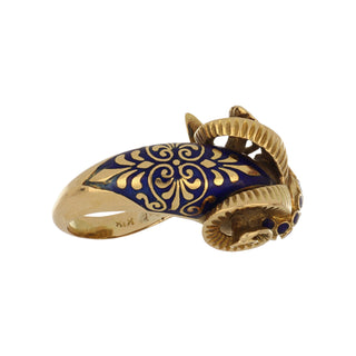 Vintage 1970s 18K Gold Ram's Head Wrap Ring with Enamel