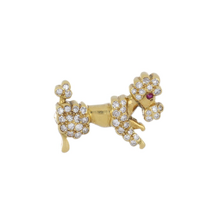 Mid-Century 18K Gold Diamond Poodle Pin with Ruby