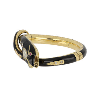 Victorian 18K Gold Black Enamel Snake Bracelet with Diamonds and Rubies