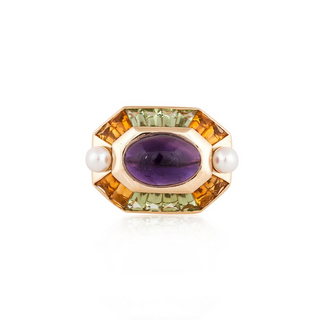 Vintage Chanel 18K Gold Multi-Gemstone Ring with Pearls