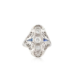 18K White Gold Diamonds Navette Ring with Sapphires