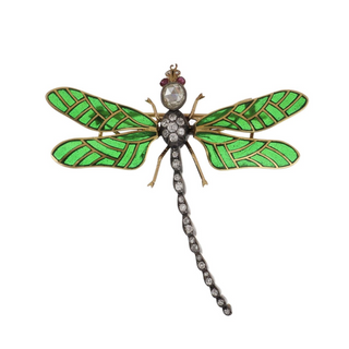 Important French Art Nouveau Gemset Plique-a-Jour Enamel Dragonfly Brooch