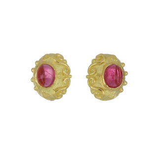 Estate Katy Briscoe 18K Gold Rubellite Tourmaline Scrollwork Earrings