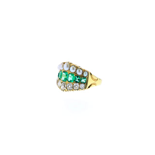 Victorian 18K Gold Emerald, Diamond and Split Pearl Ring