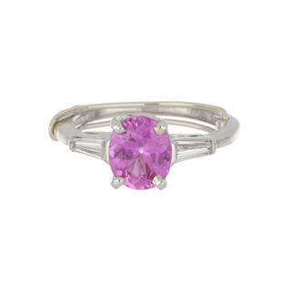 Vintage/Estate White Platinum Pink Sapphire Solitaire Ring with Side Stones with Diamonds