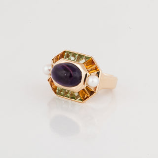 Vintage Chanel 18K Gold Multi-Gemstone Ring with Pearls