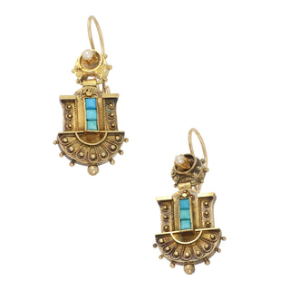 14K Gold Turquoises Drop Earrings with Pearls