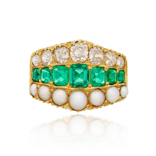 Victorian 18K Gold Emerald, Diamond and Split Pearl Ring