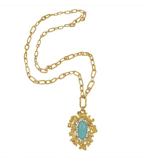 Jean Mahie Yellow 22K Gold Turquoise Pendant Necklace with Diamonds