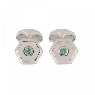 Deakin & Francis Sterling Silver Mother Of Pearls Cufflinks with Emeralds