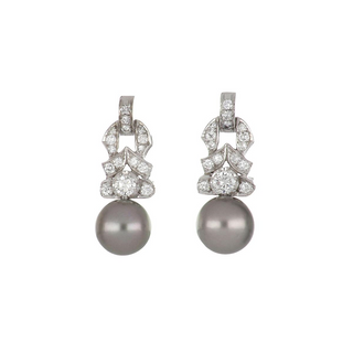 Tenenbaum Workshop White Platinum Tahitian Pearl Drop Earrings with Diamonds