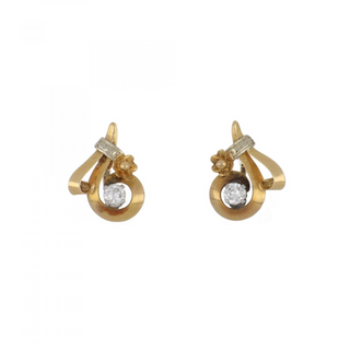 French Retro 18K Gold and Platinum Diamond Swirl Earrings