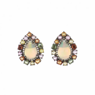 Maharaja Two-Tone Sterling Silver Sapphire Button Earrings with Opals