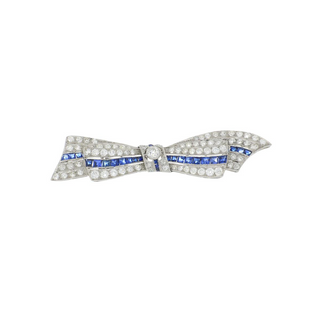 Art Deco Platinum Diamond Bow Brooch with Synthetic Sapphires