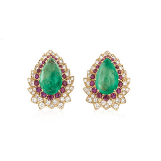 David Webb 18K Gold Emeralds Clip Earrings with Rubies