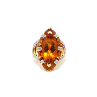 Signed 18K Gold Citrine Cluster/Halo Ring with Diamonds