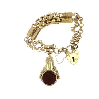 Victorian 9K Gold Gate Bracelet with Heart Padlock and Fob