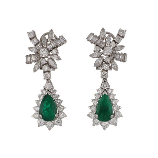 Mid-Century Platinum Emerald and Diamond Drop Earrings