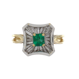 Vintage/Estate Two-Tone 18K Gold Emerald Cluster/Halo Ring with Diamonds