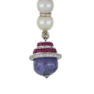 Estate Hanut Singh 18K White Gold Akoya Pearl, Tanzanite and Ruby Drop Earrings