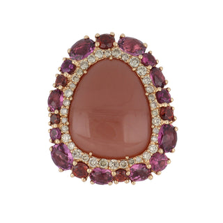 Estate Rodney Rayner 18K Gold Moonstone Ring with Garnets and Diamonds