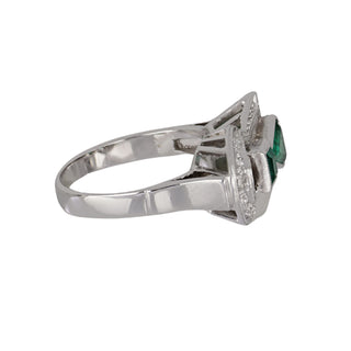 Retro 18K White Gold Emerald Ring with Diamonds