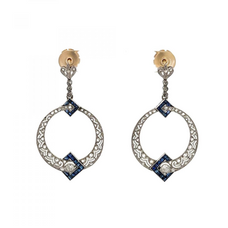 Vintage/Estate White Platinum Diamonds Drop Earrings with Synthetic Sapphire