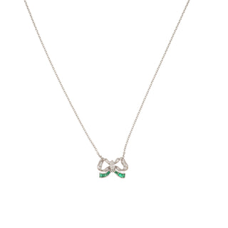 Estate Platinum Diamond and Emerald Bow Pendant Necklace